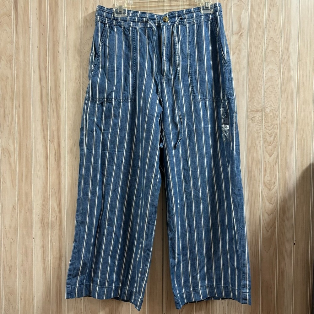 NWT American Eagle Super High Rise Wide Leg Striped Pants BlueWhite Cotton Size6